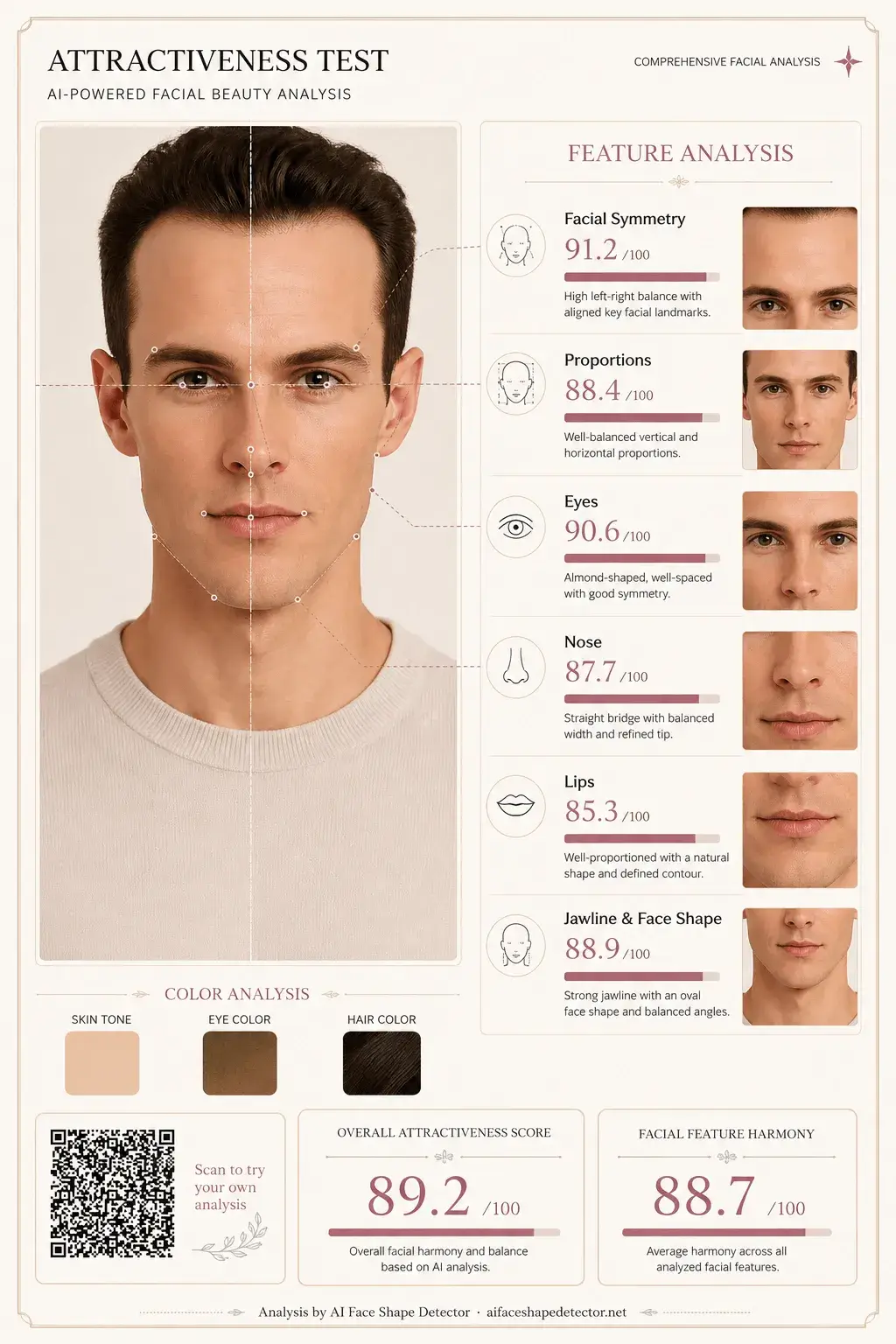 AI attractiveness report example with a male portrait and feature scores